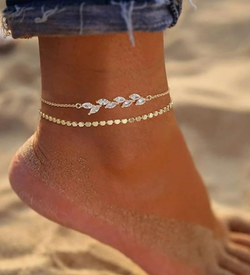 MIDEEO Gold/Silver Ankle Bracelets for Women,14K Gold Anklets for Women Waterproof Cuban Link Heart Beads Herringbone Rhinestone Anklets Set Layered Anklet Bracelets for Women Gold Jewelry Gift - Image 4